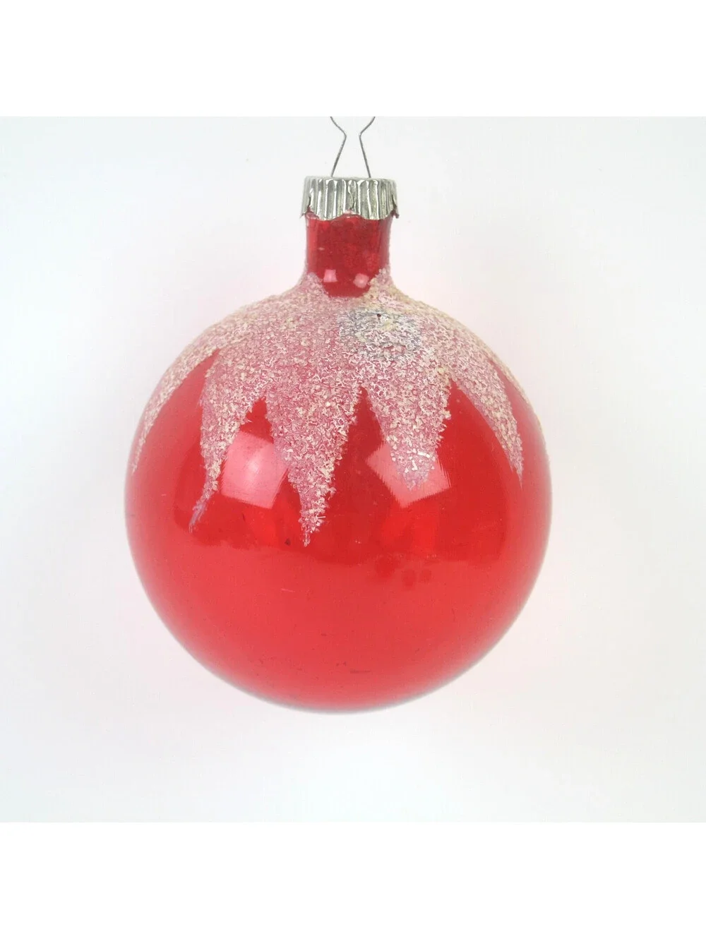 Vintage Shiny Brite Unsilvered Glass Christmas Ornament Red Ball Mica Snow 3